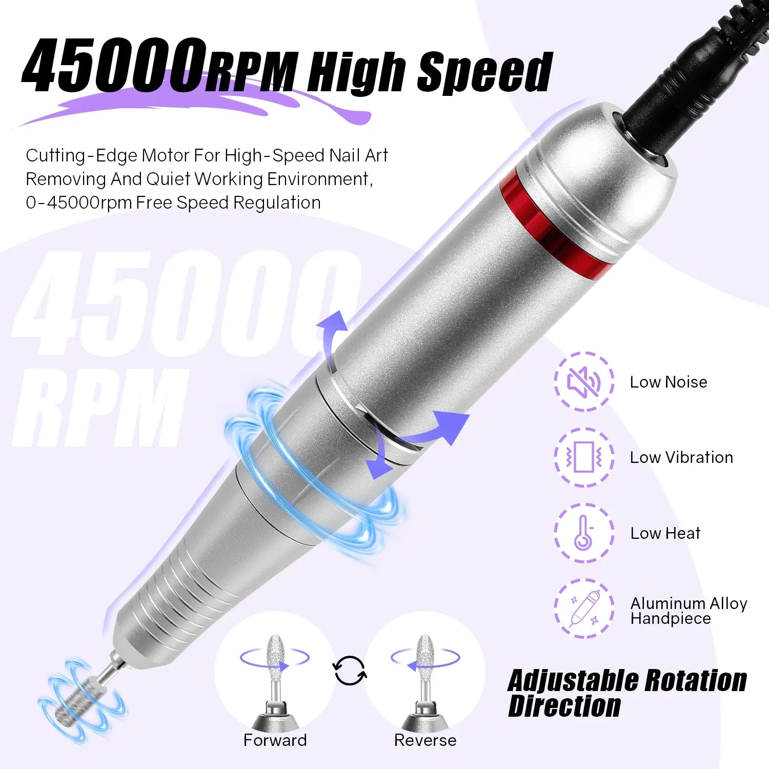 45000RPM Nail Drill Machine Professional Nail Lathe with Large LCD Screen 30W Smart Electric Manicure Polisher Nail Art Toools