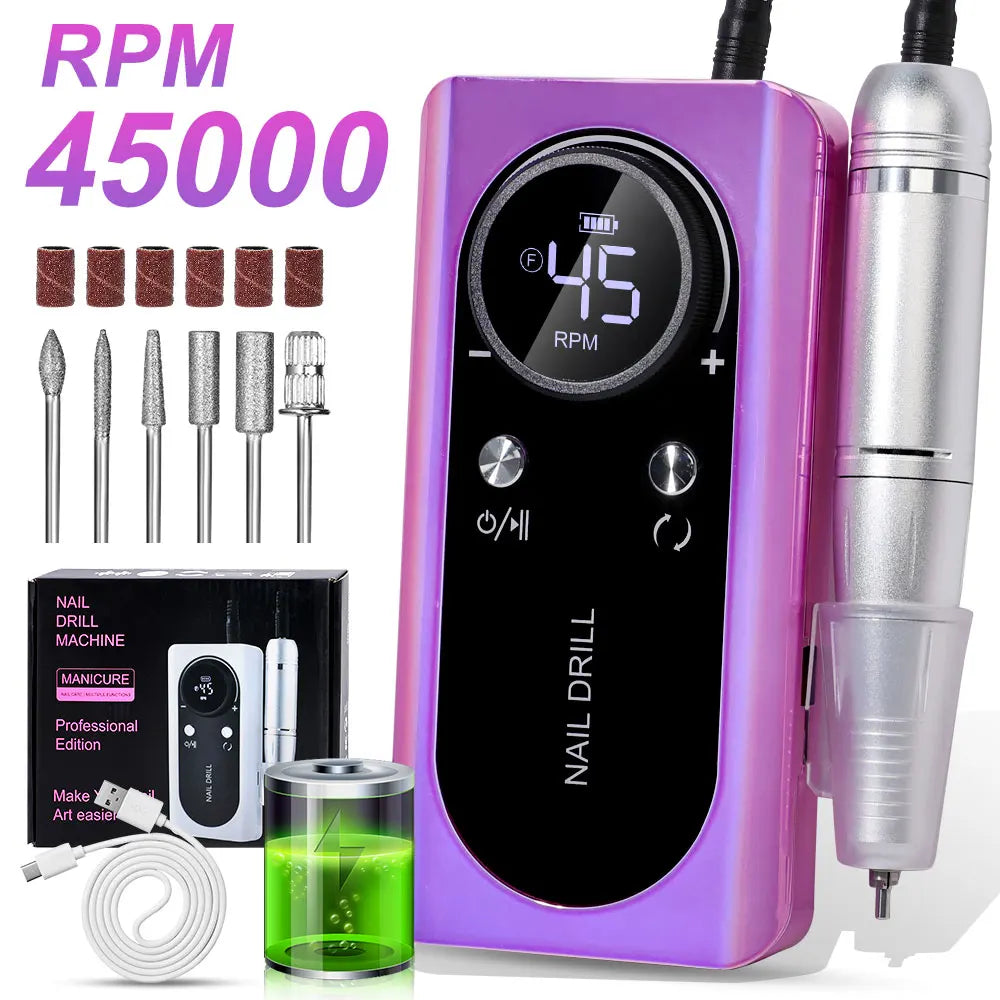45000RPM Rechargeable Nail Drill Machine with LCD Low Noise Professional Nail Polish Sander Nails Accessories Set