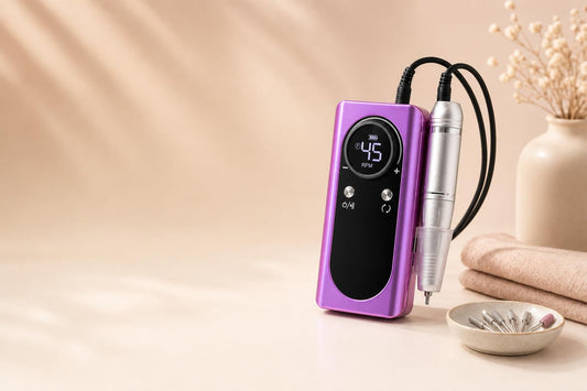 Rechargeable nail drill, purple, lifestyle photo